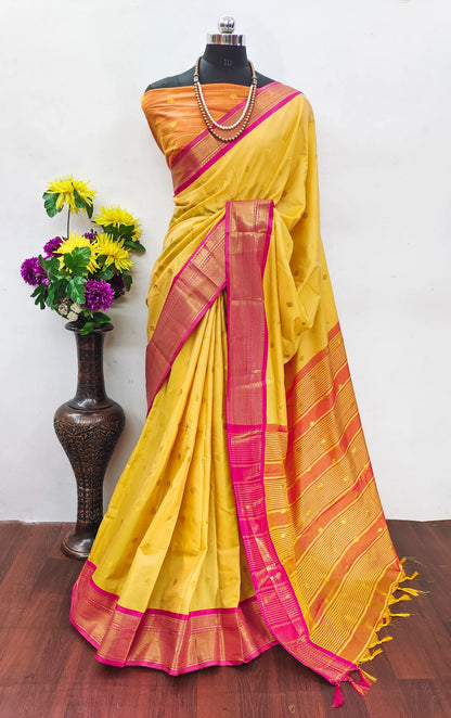 Golden Yellow Cotton Silk Saree with Rani Pink Zari Border & Peach Contrast Blouse