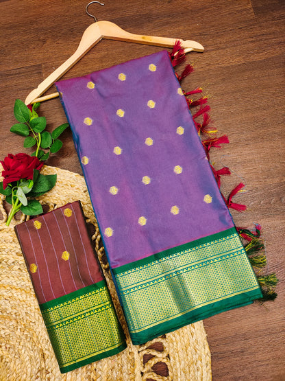 Lavender Purple Cotton Silk Saree with Emerald Green Zari Border & Contrast Wine Blouse