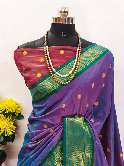Lavender Purple Cotton Silk Saree with Emerald Green Zari Border & Contrast Wine Blouse