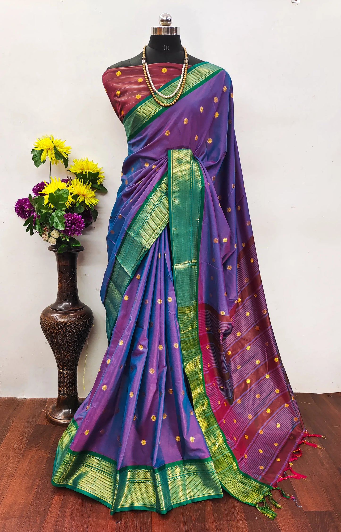 Lavender Purple Cotton Silk Saree with Emerald Green Zari Border & Contrast Wine Blouse
