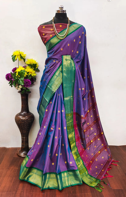 Lavender Purple Cotton Silk Saree with Emerald Green Zari Border & Contrast Wine Blouse
