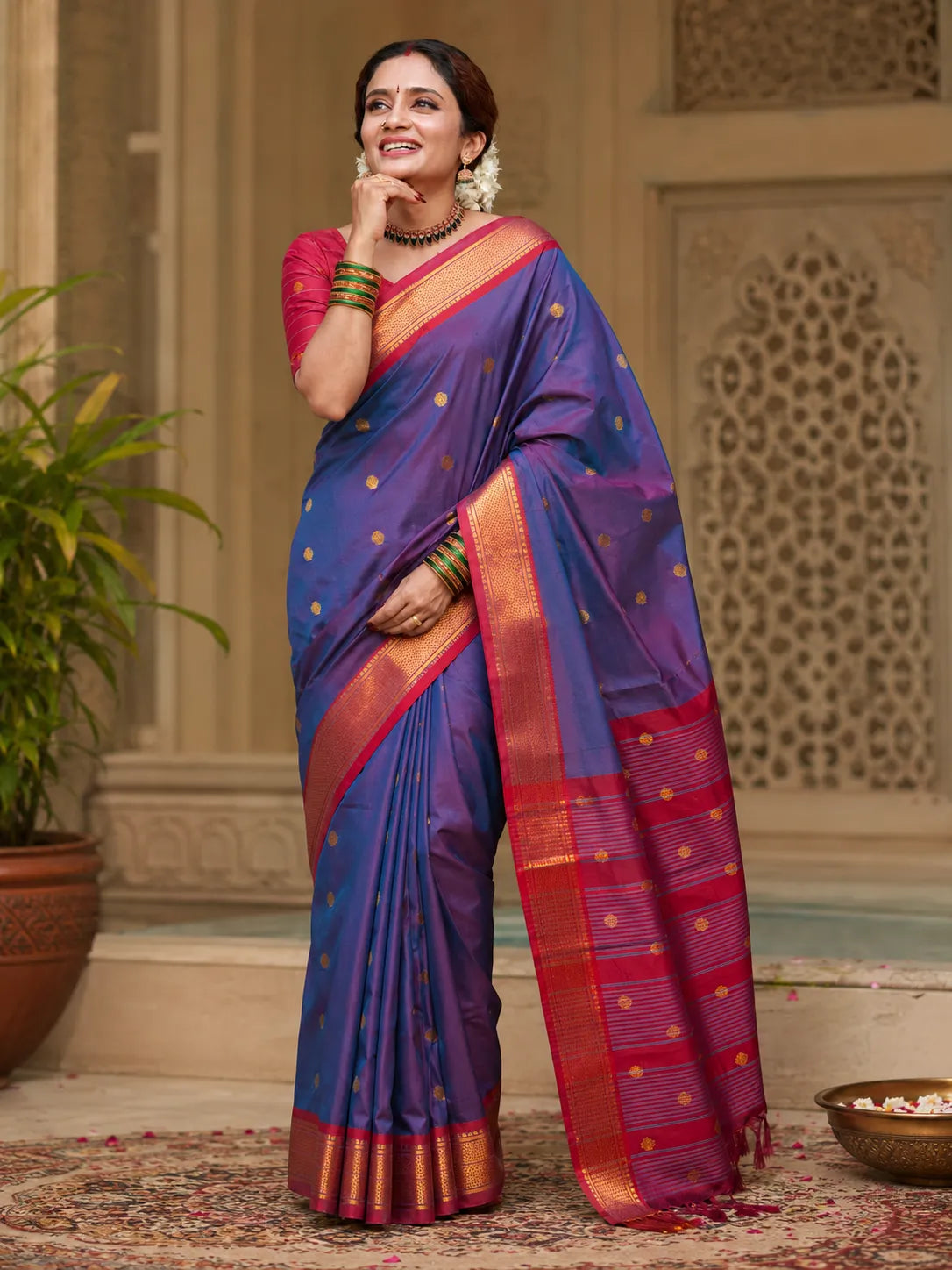 Royal Blue Cotton Silk Saree with Red Zari Border & Contrast Red Blouse