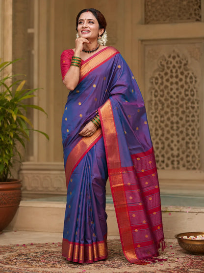 Royal Blue Cotton Silk Saree with Red Zari Border & Contrast Red Blouse