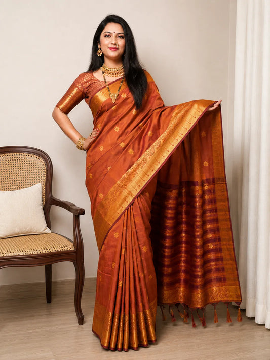Rajeshwari Copper Orange Paithani Silk Saree with Antique Gold Zari Border