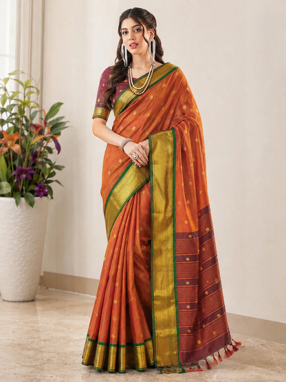 Copper Orange Cotton Silk Saree with Emerald Green Zari Border & Wine Contrast Blouse