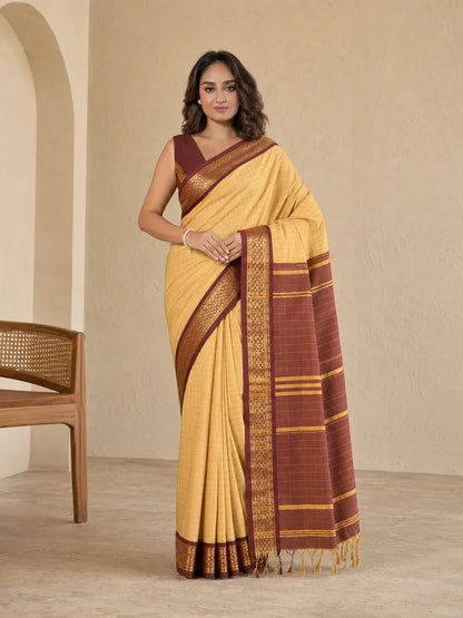 Aarohi Golden Beige Saree with Maroon Heritage Zari Border