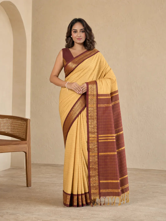 Aarohi Golden Beige Saree with Maroon Heritage Zari Border