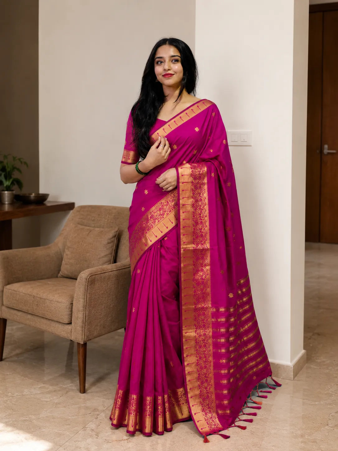 Rajeshwari Rani Pink Paithani Silk Saree with Antique Gold Zari Border