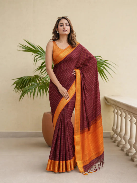 Nayantara Wine Purple Saree with Sunset Orange Heritage Border