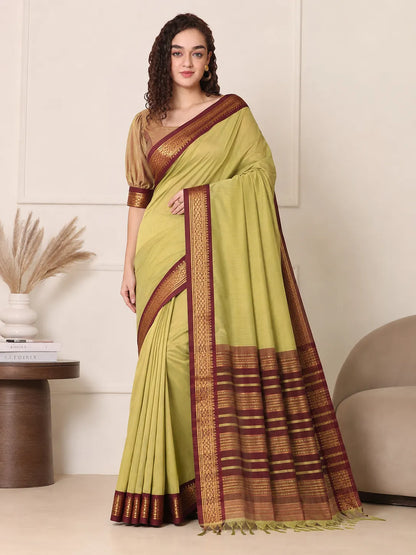 Mrunalini Olive Green Saree with Maroon Heritage Zari Border
