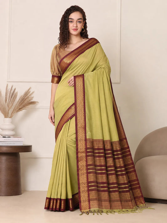 Mrunalini Olive Green Saree with Maroon Heritage Zari Border