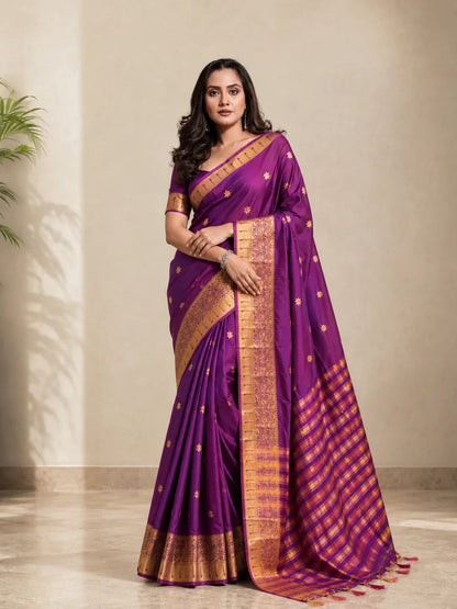 Rajeshwari Violet Paithani Silk Saree with Gold Zari Border & Striped Pallu