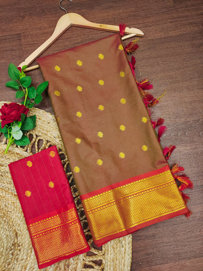 Coffee Brown Cotton Silk Saree with Red Zari Border & Contrast Red Blouse