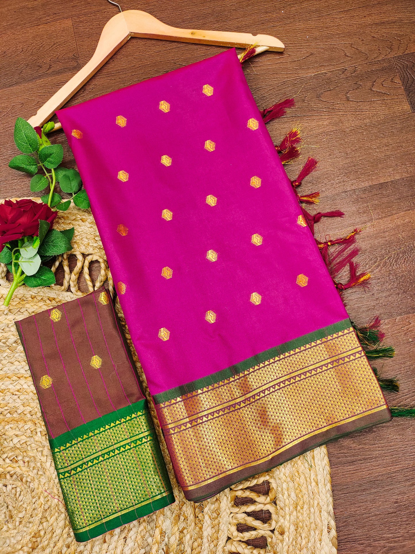 Rani Pink Cotton Silk Saree with Green Zari Border & Contrast Brown Blouse
