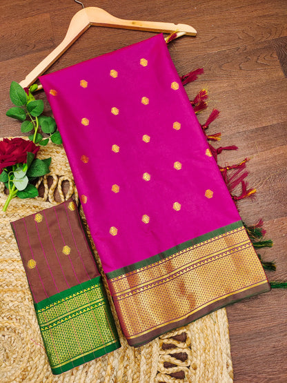 Rani Pink Cotton Silk Saree with Green Zari Border & Contrast Brown Blouse