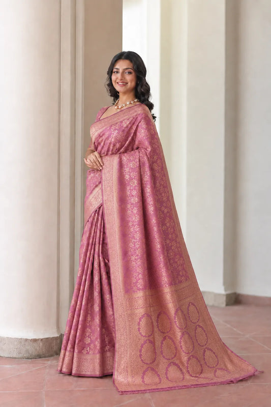 Royal Mauve Pink Banarasi Silk Saree with Floral Jaal Weaving & Rich Zari Pallu