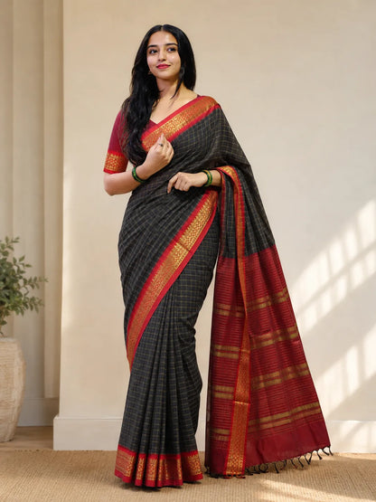Nikhila Midnight Checkered Saree with Crimson Heritage Zari Border