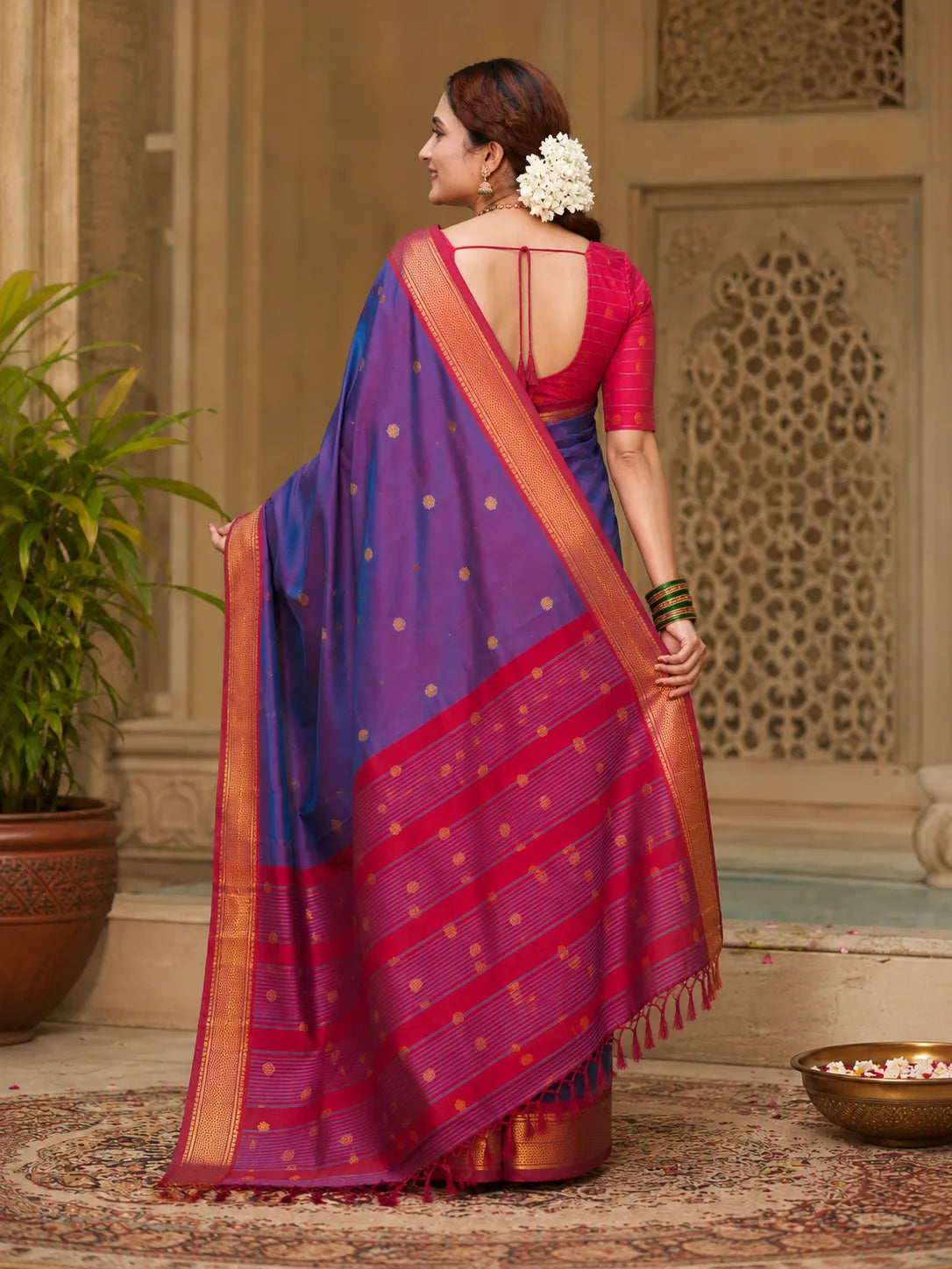 Royal Blue Cotton Silk Saree with Red Zari Border & Contrast Red Blouse