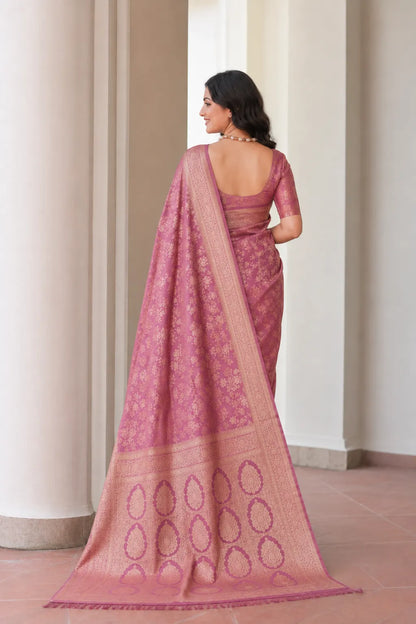 Royal Mauve Pink Banarasi Silk Saree with Floral Jaal Weaving & Rich Zari Pallu