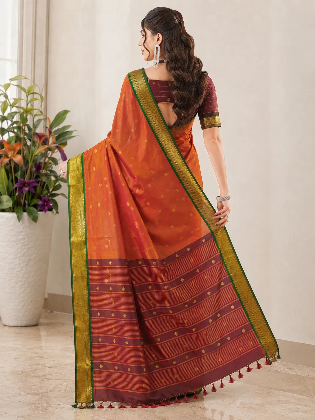 Copper Orange Cotton Silk Saree with Emerald Green Zari Border & Wine Contrast Blouse