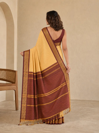 Aarohi Golden Beige Saree with Maroon Heritage Zari Border