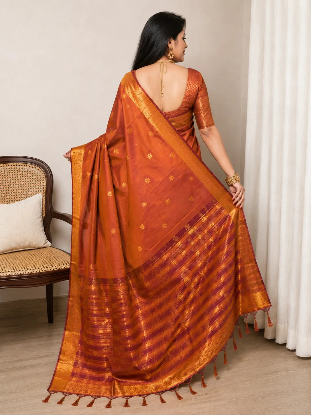Rajeshwari Copper Orange Paithani Silk Saree with Antique Gold Zari Border