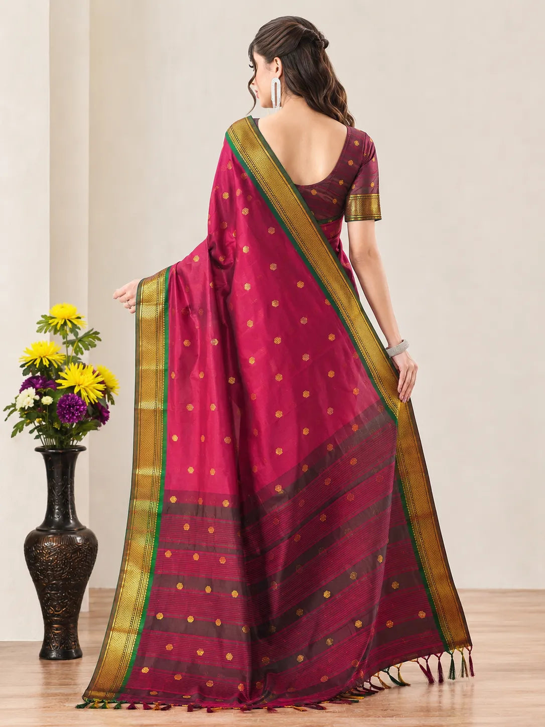 Rani Pink Cotton Silk Saree with Gold Zari Butti & Contrast Brown Pallu