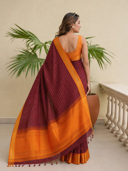 Nayantara Wine Purple Saree with Sunset Orange Heritage Border