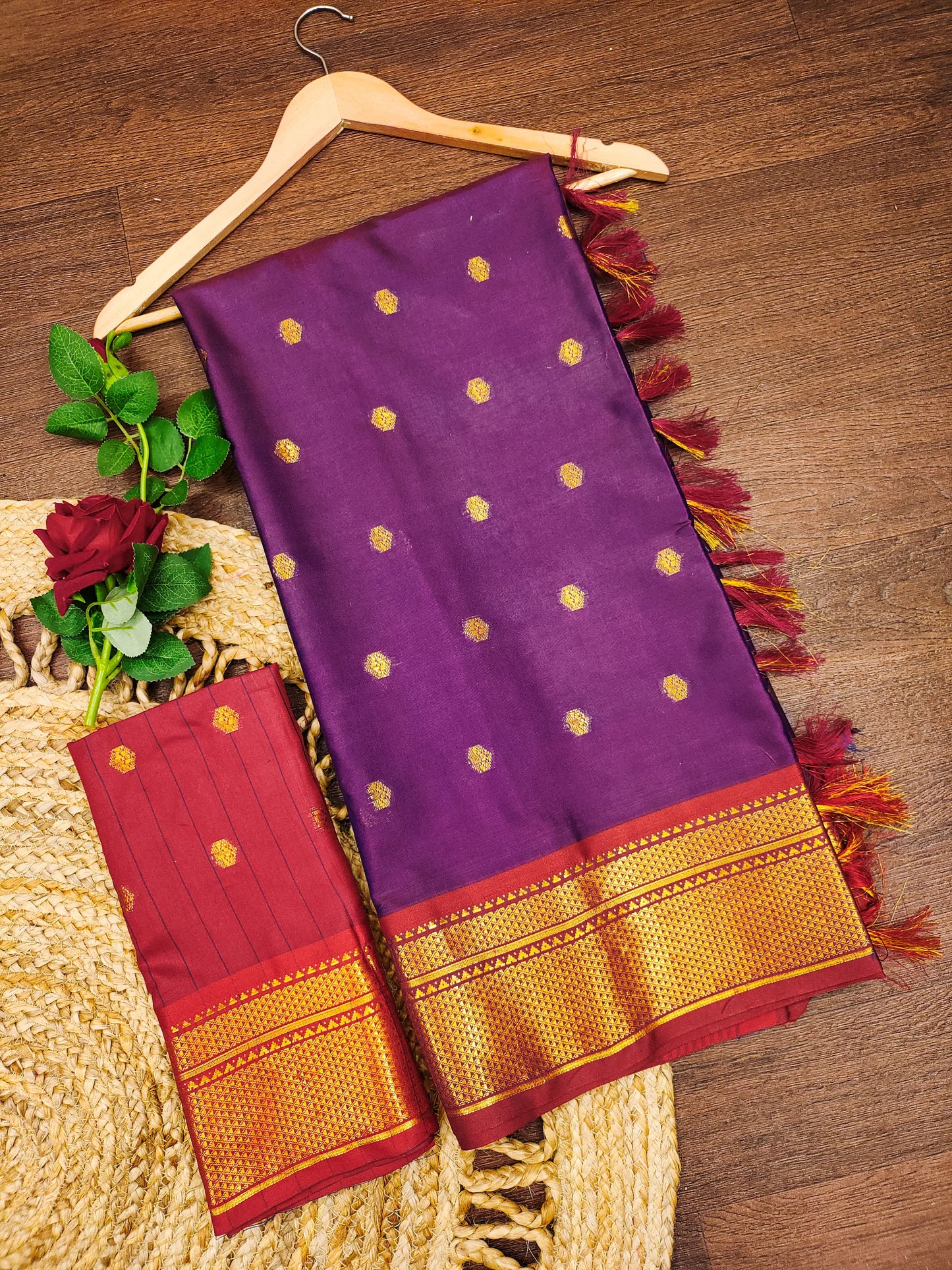 Royal Purple Cotton Silk Saree with Rani Pink Zari Border & Contrast Pink Blouse