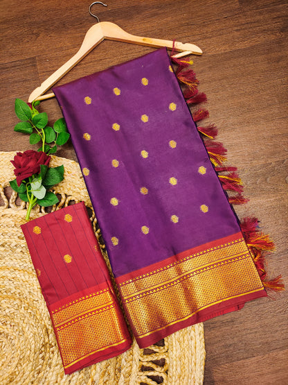 Royal Purple Cotton Silk Saree with Rani Pink Zari Border & Contrast Pink Blouse