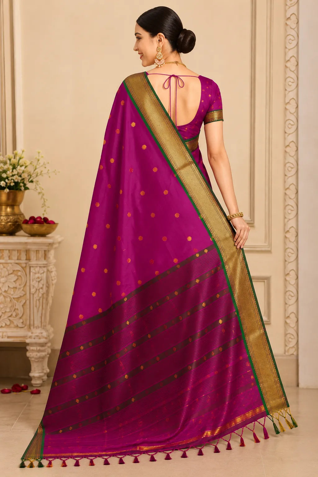 Magenta Pink Cotton Silk Saree with Gold Zari Butti & Green Contrast Border
