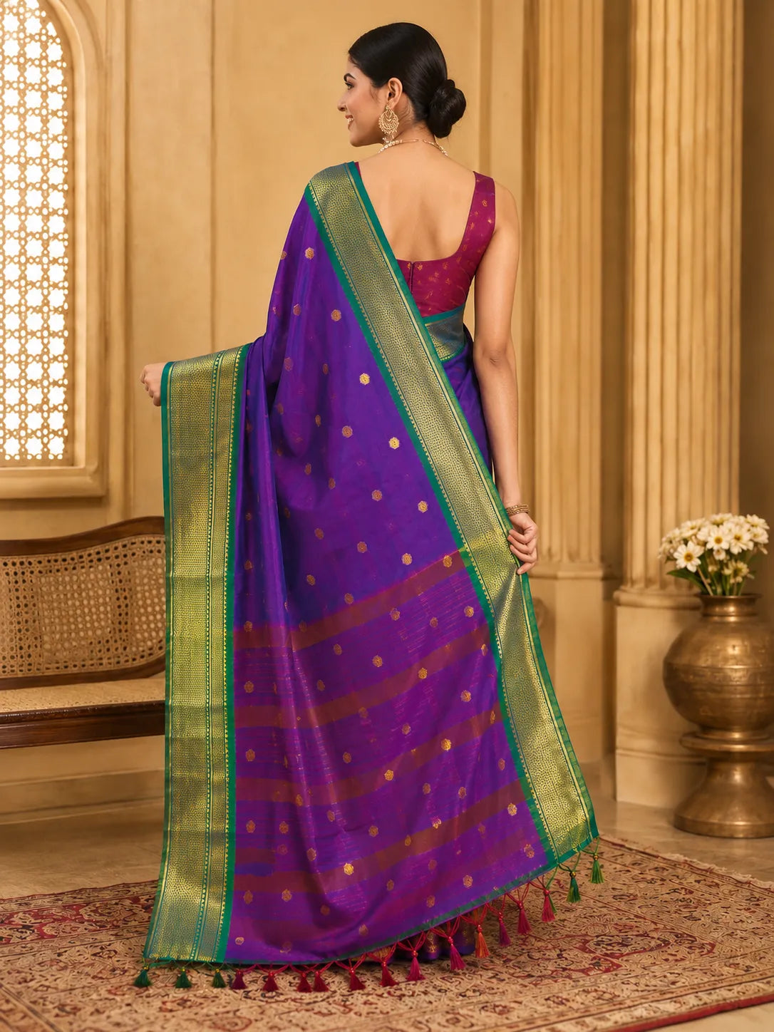 Royal Purple Cotton Silk Saree with Emerald Green Zari Border & Contrast Maroon Blouse