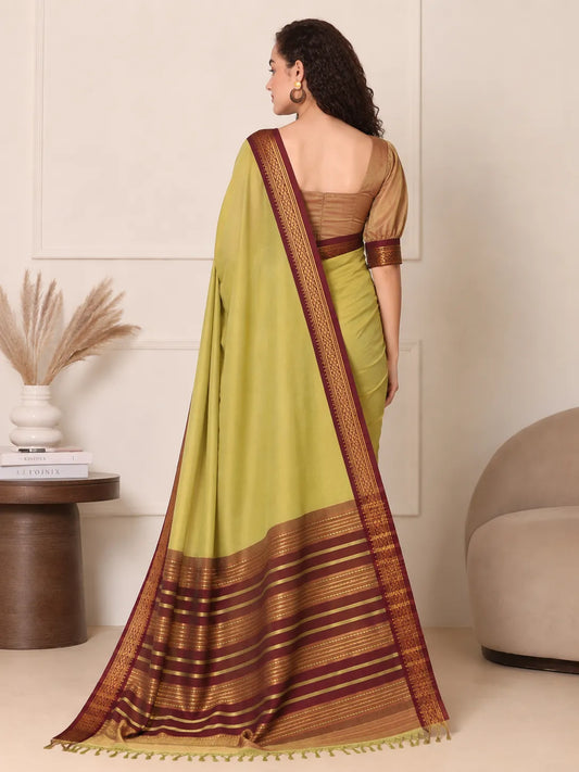 Mrunalini Olive Green Saree with Maroon Heritage Zari Border