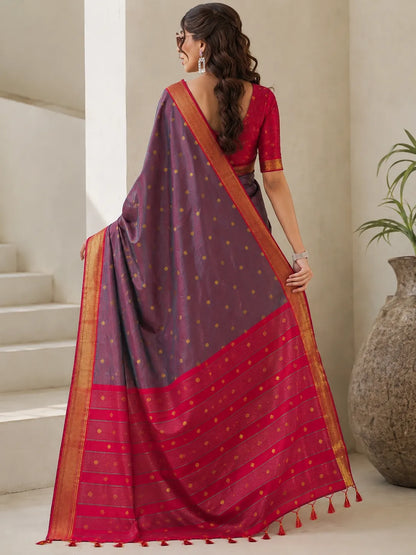 Smoky Grey Cotton Silk Saree with Ruby Red Zari Border & Contrast Red Blouse