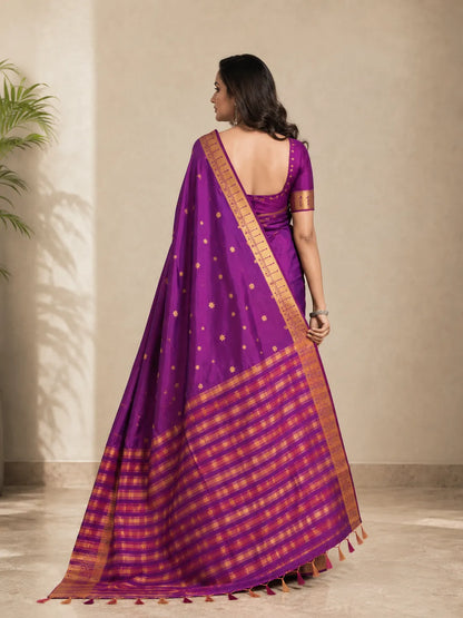 Rajeshwari Violet Paithani Silk Saree with Gold Zari Border & Striped Pallu
