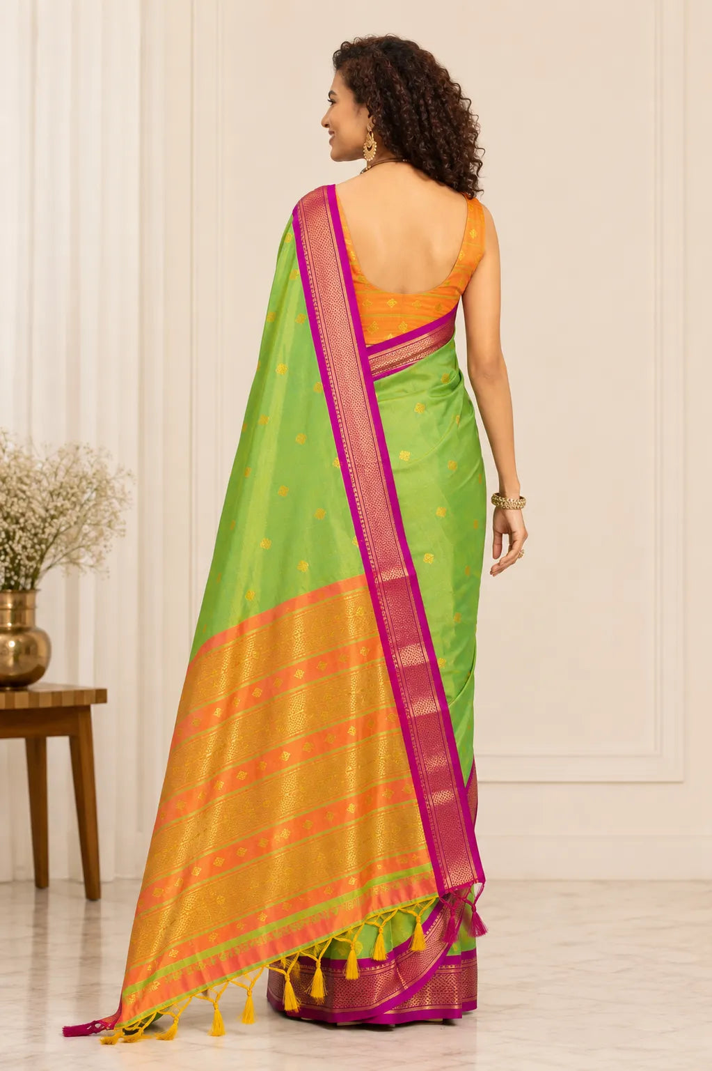 Parrot Green Cotton Silk Saree with Pink Zari Border & Contrast Orange Pallu