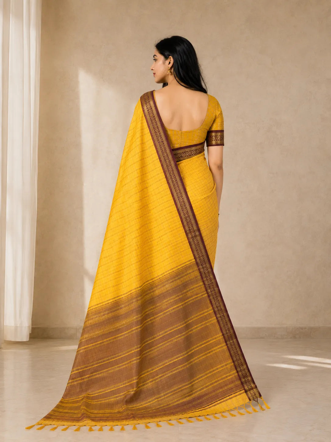 Suvarna Mustard Yellow Saree with Coffee Brown Heritage Border
