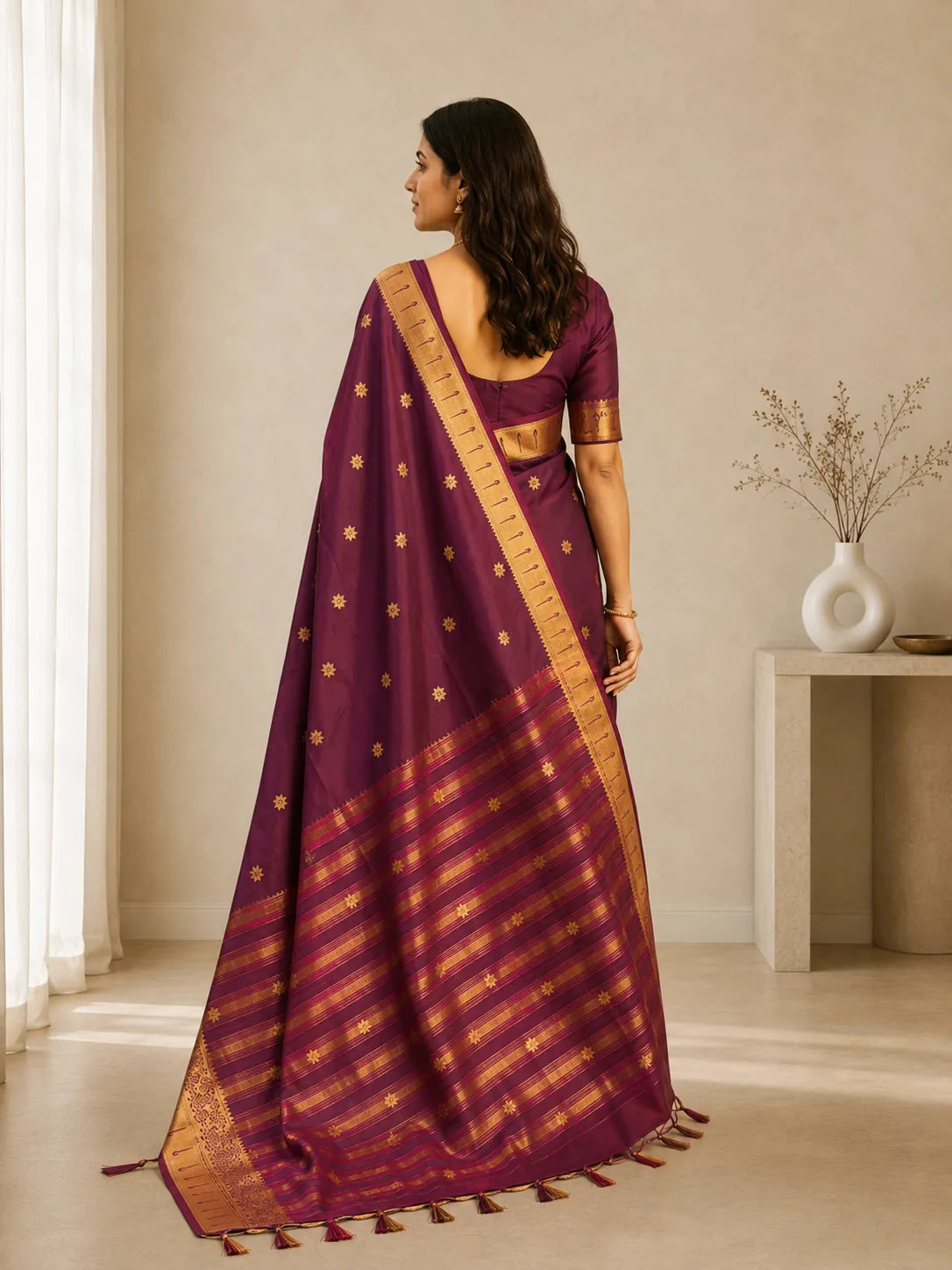 Rajnidhi Wine Purple Paithani Silk Saree with Antique Gold Floral Zari Border