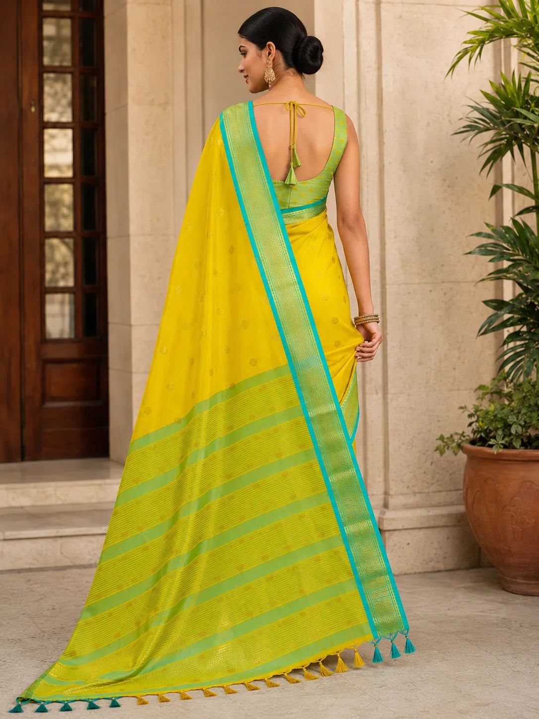 Sunshine Yellow Cotton Silk Saree with Aqua Blue Zari Border & Contrast Mint Blouse