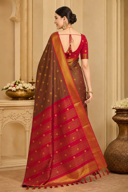 Coffee Brown Cotton Silk Saree with Red Zari Border & Contrast Red Blouse