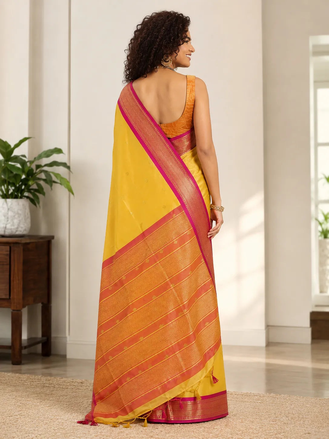Golden Yellow Cotton Silk Saree with Rani Pink Zari Border & Peach Contrast Blouse