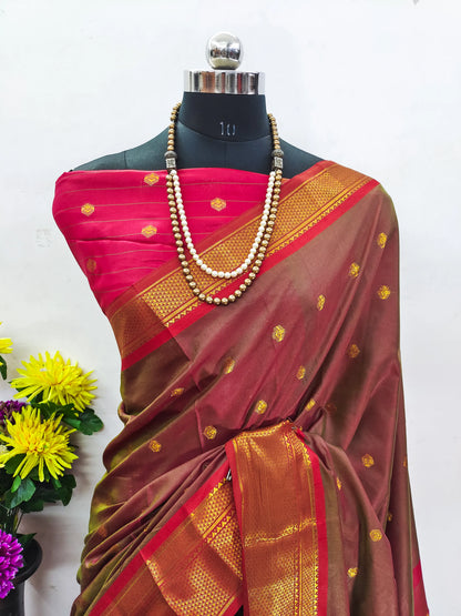 Coffee Brown Cotton Silk Saree with Red Zari Border & Contrast Red Blouse