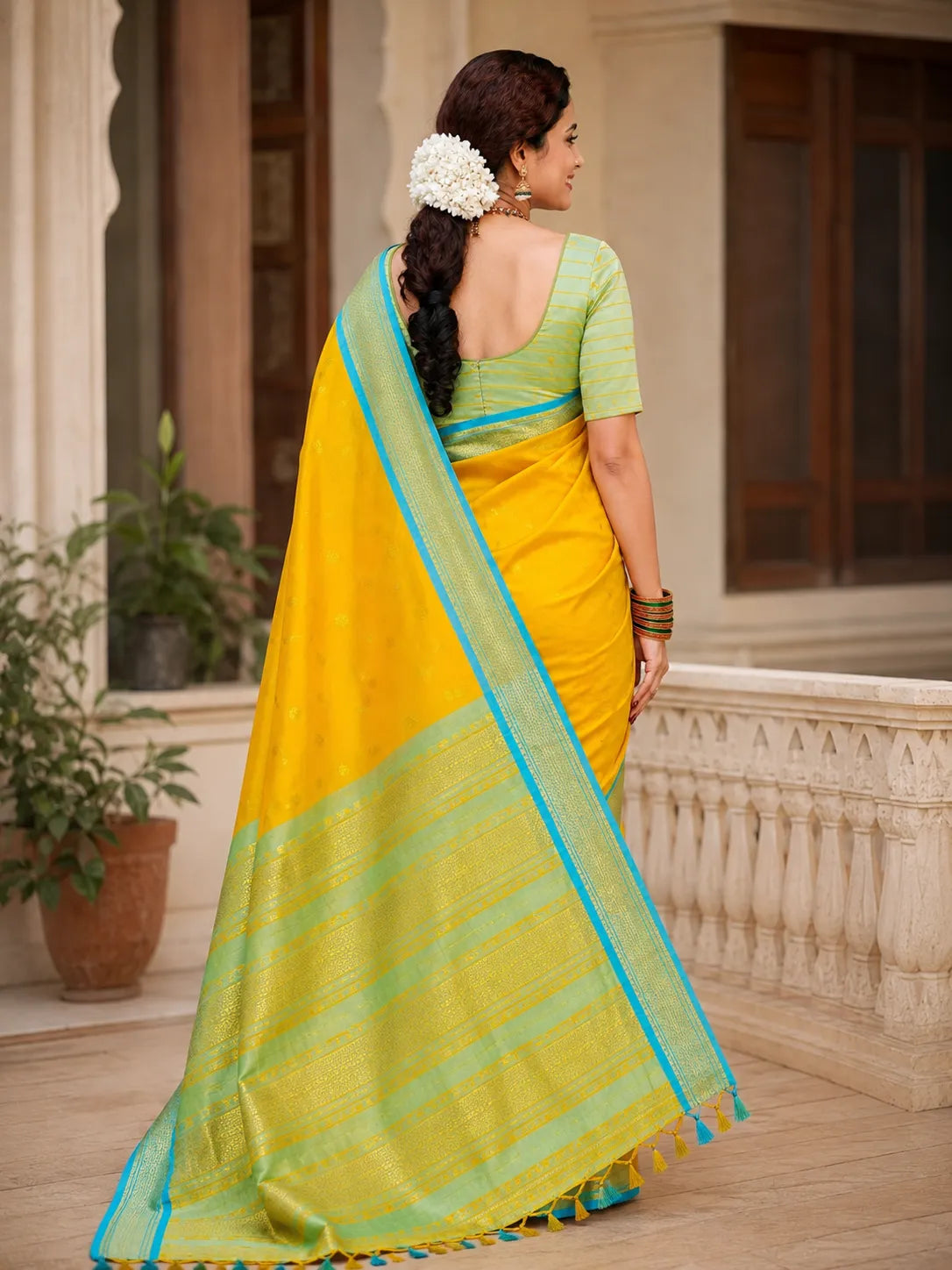 Bright Marigold Yellow Cotton Silk Saree with Aqua Blue Zari Border & Mint Green Contrast Blouse
