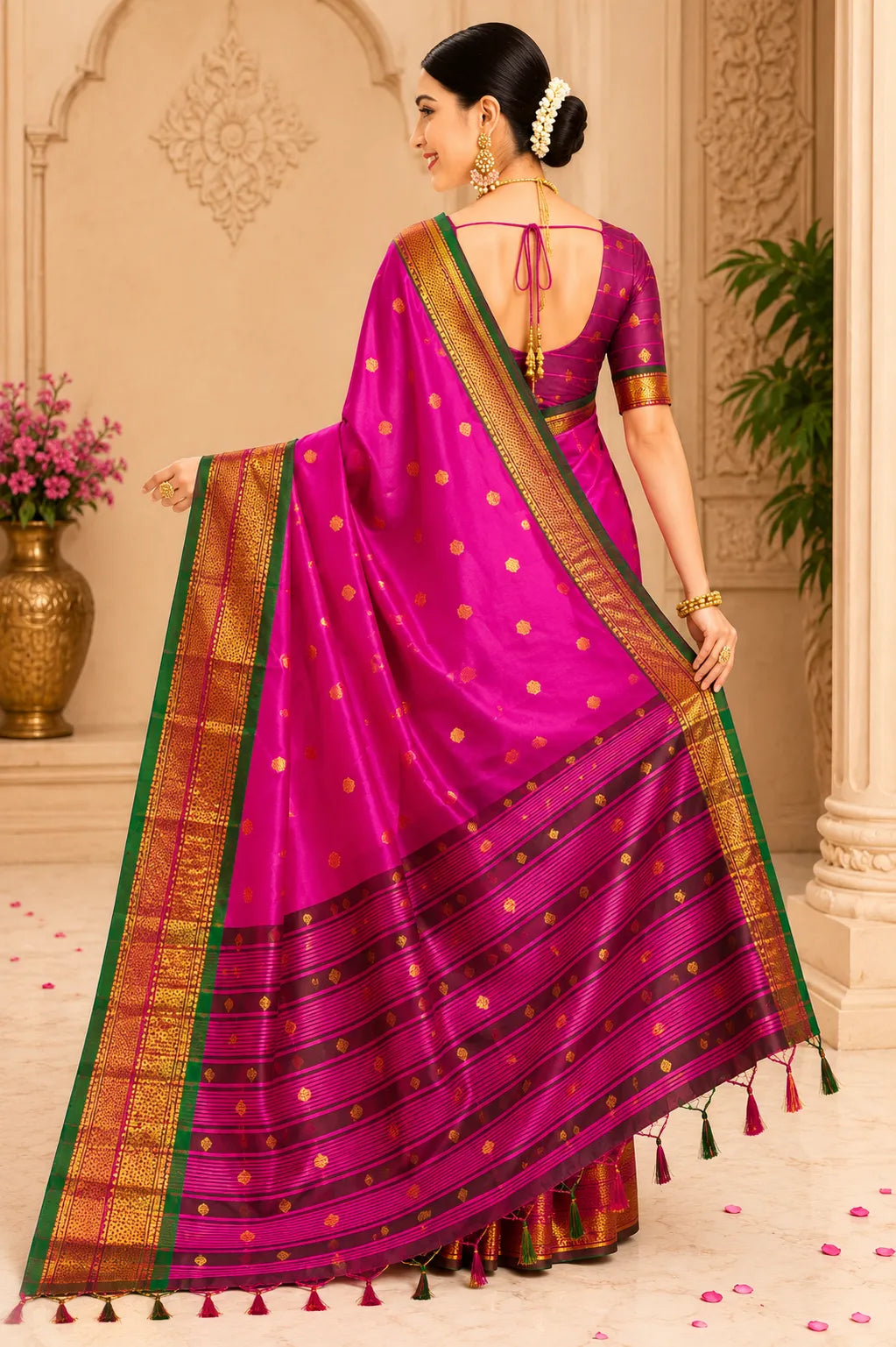 Rani Pink Cotton Silk Saree with Green Zari Border & Contrast Brown Blouse
