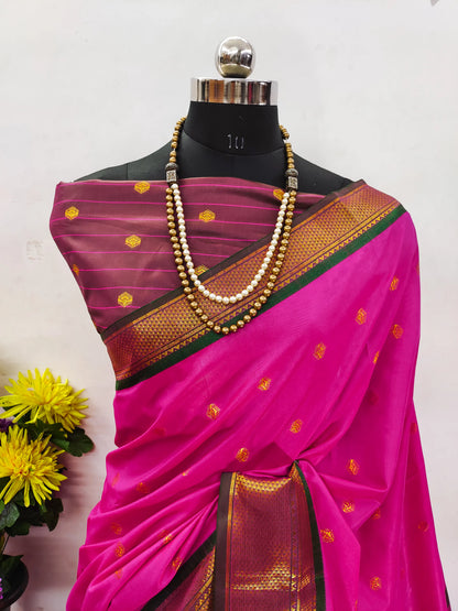 Rani Pink Cotton Silk Saree with Green Zari Border & Contrast Brown Blouse