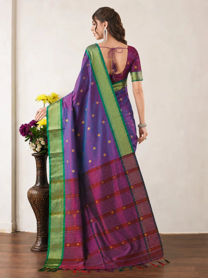 Lavender Purple Cotton Silk Saree with Emerald Green Zari Border & Contrast Wine Blouse
