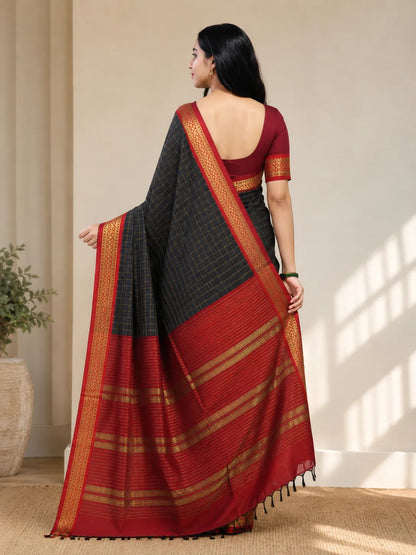 Nikhila Midnight Checkered Saree with Crimson Heritage Zari Border