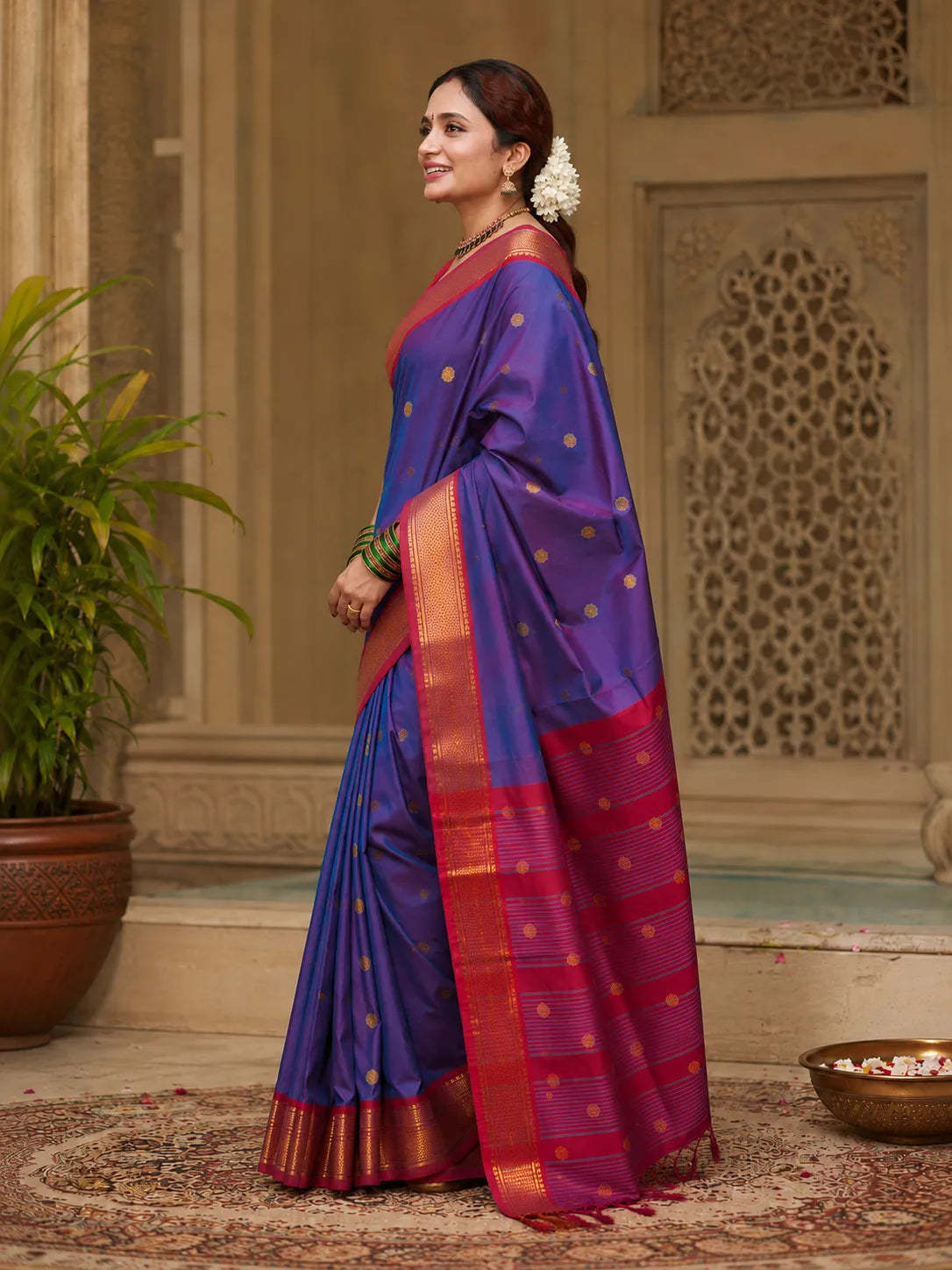 Royal Blue Cotton Silk Saree with Red Zari Border & Contrast Red Blouse