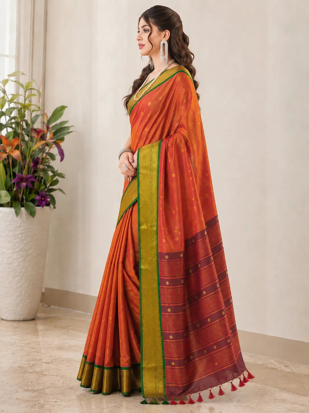 Copper Orange Cotton Silk Saree with Emerald Green Zari Border & Wine Contrast Blouse