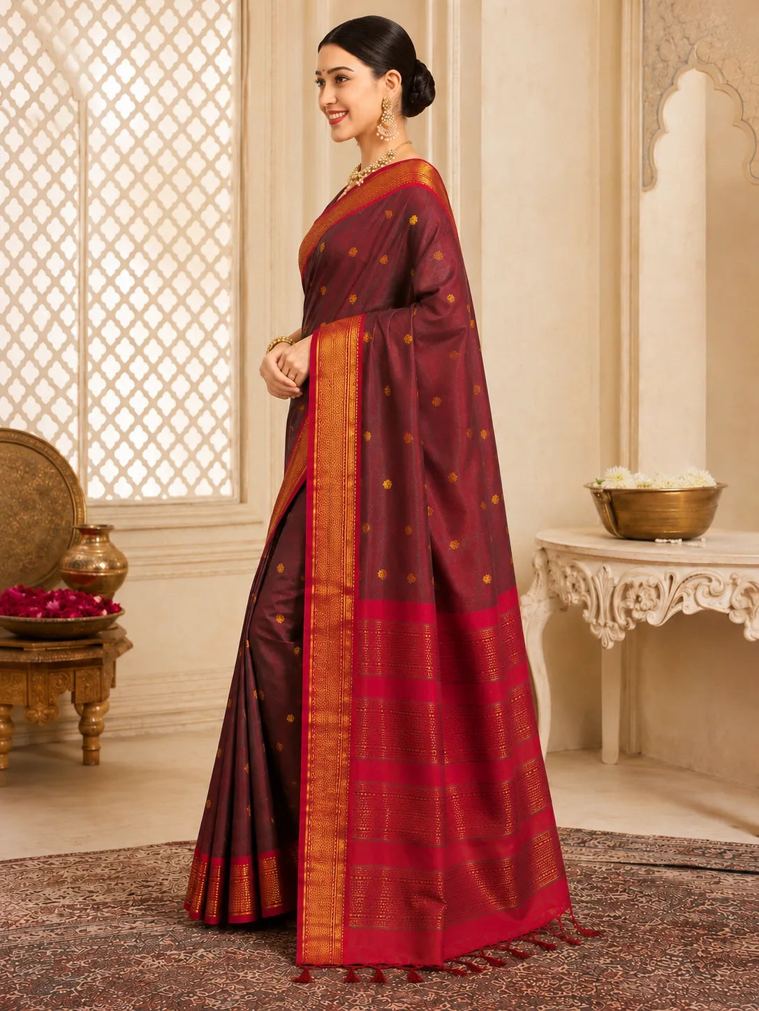 Wine Purple Cotton Silk Saree with Gold Zari Butti & Contrast Magenta Border
